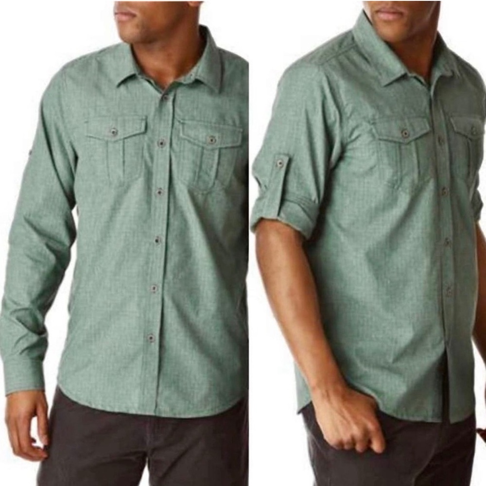 Men’s Prana Ascension Long Sleeve Green Button Up Front Shirt UPF Roll Tab Large